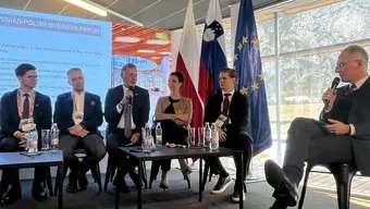 Sześć osób siedzi i rozmawia w pokoju konferencyjnym. Dwójka z nich trzyma mikrofony. Za nimi flagi: Unii Europejskiej, Słowenii i Polski