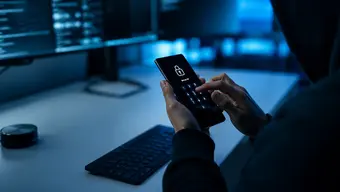 Człowiek w kapturze wpisuje hasło do zablokowanego smartfona.